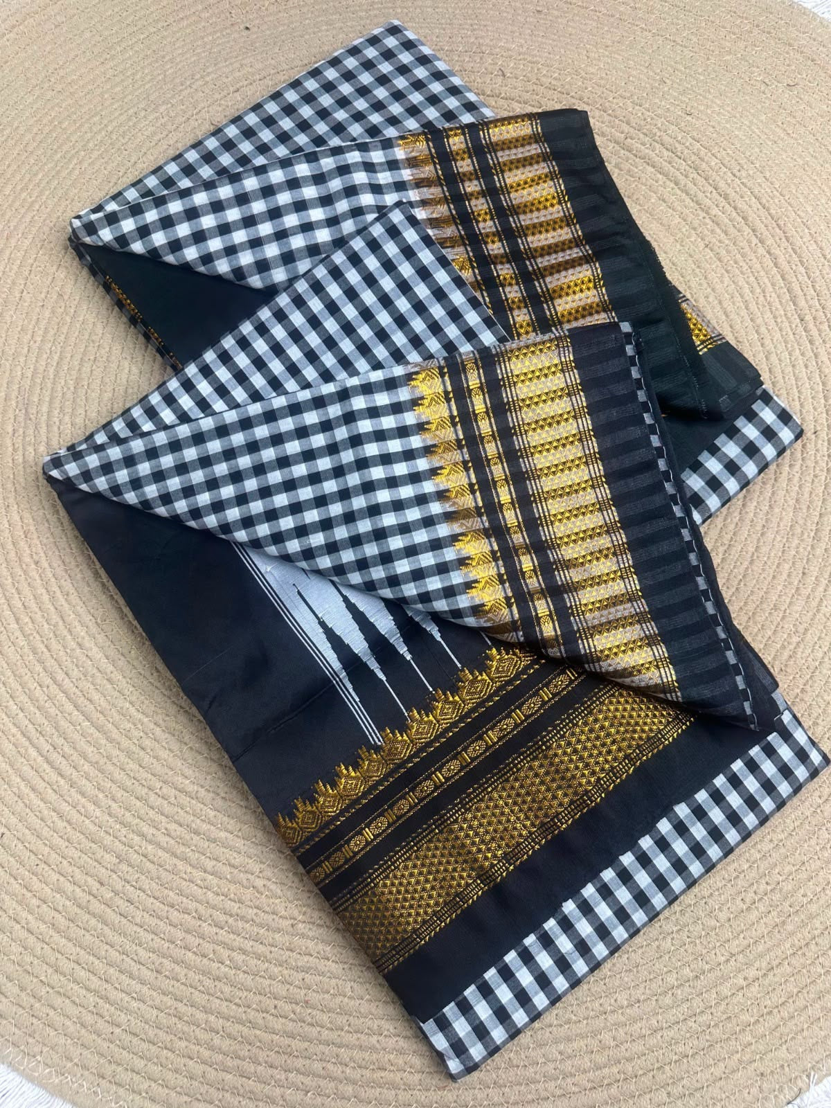 Black ilkal checked pure cotton saree