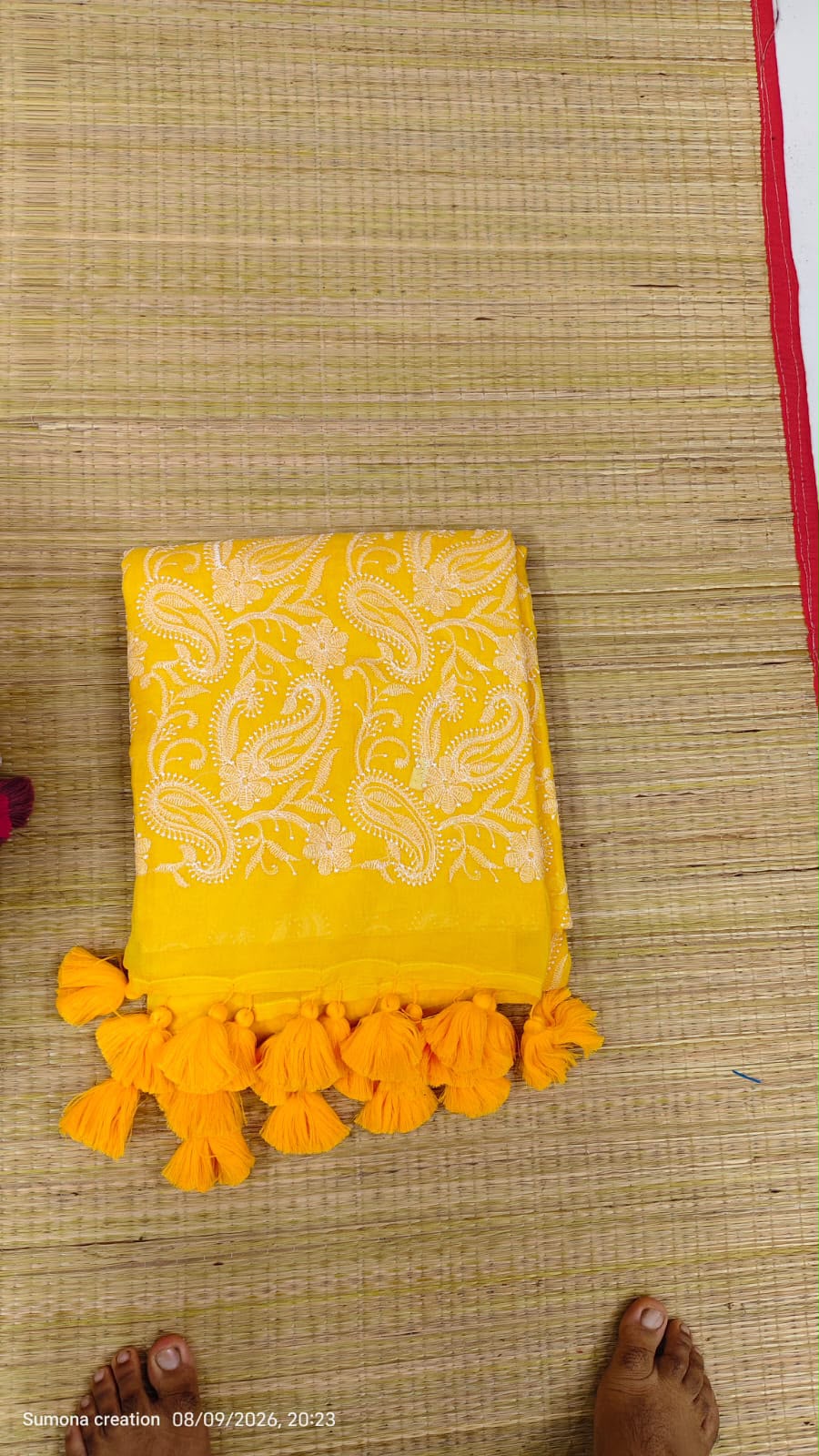 Yellow Pure mul cotton chikankari embroidery saree