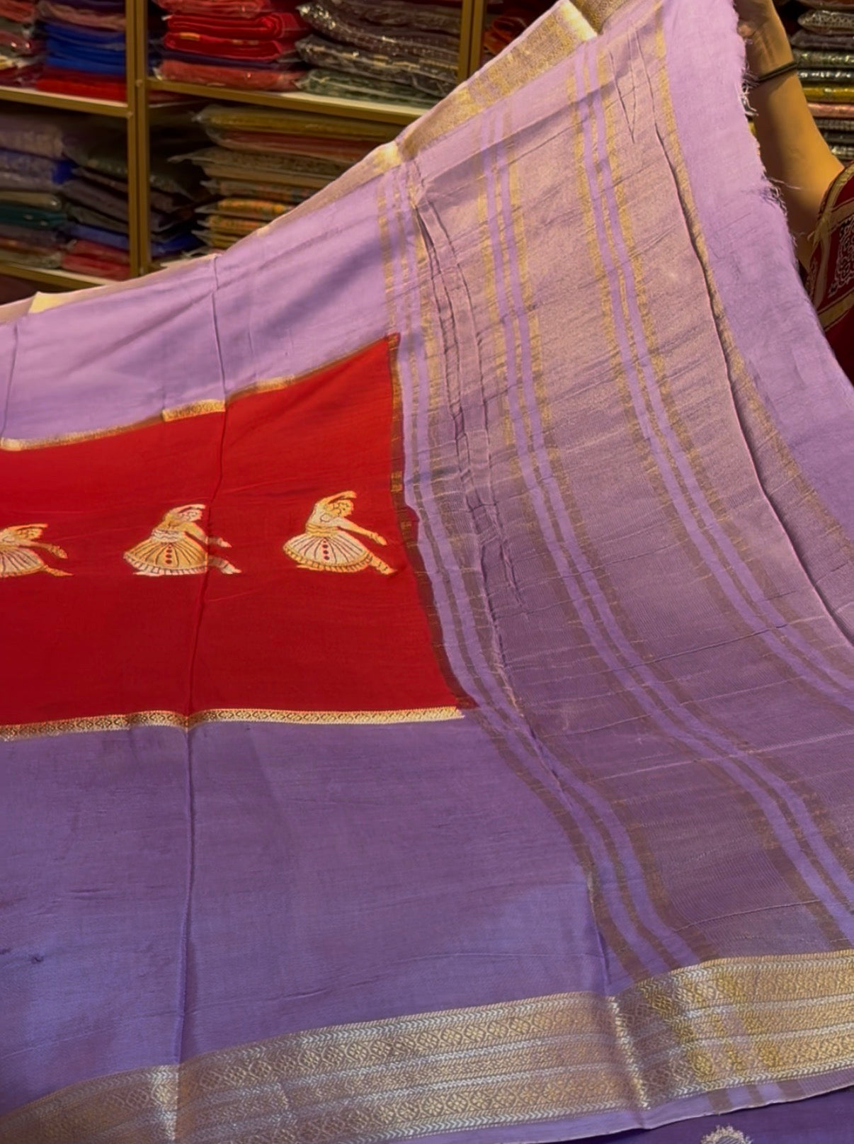 Red with lilac Premium viscose Saree