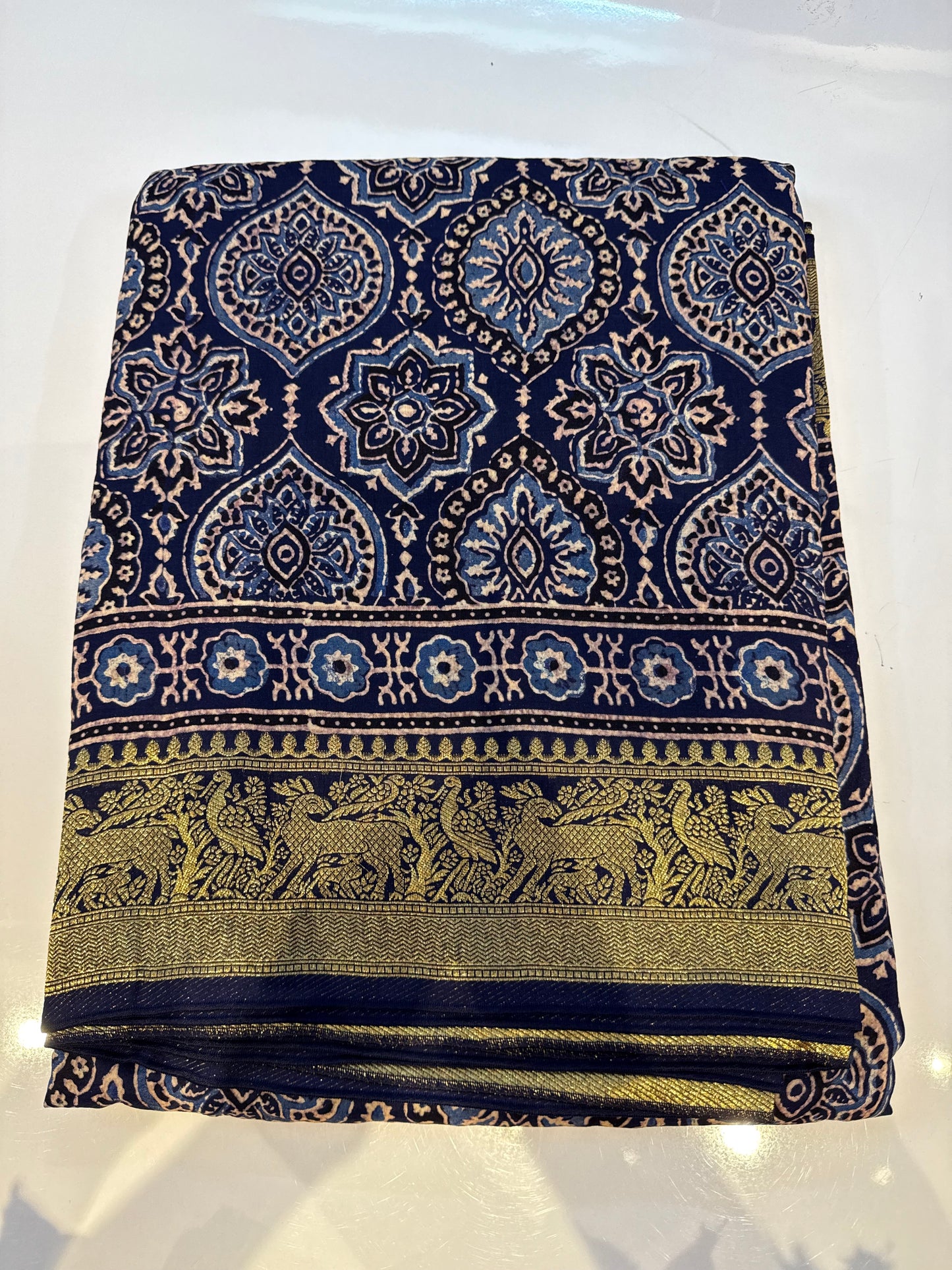 Blue dola Silk Saree with ajrakh hand block print
