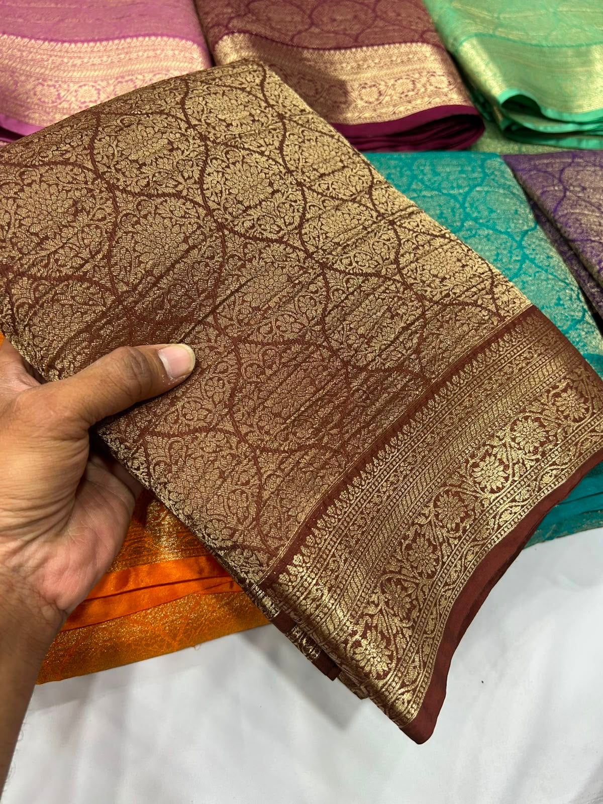 Brown premium wrinkle Chinnon brocade saree