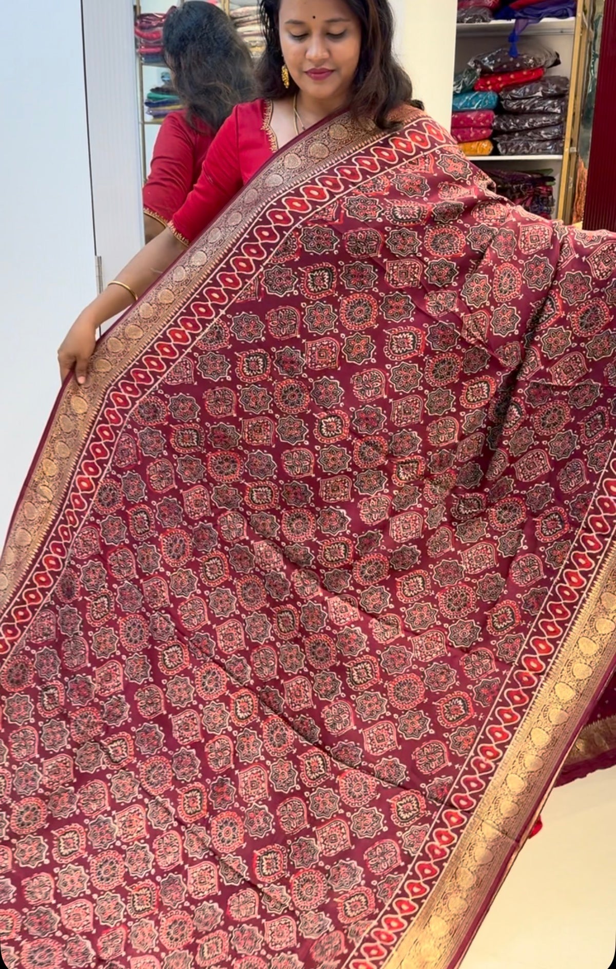 Maroon Badam butta Dola Silk Saree with ajrakh hand block print