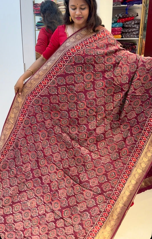 Maroon Badam butta Dola Silk Saree with ajrakh hand block print