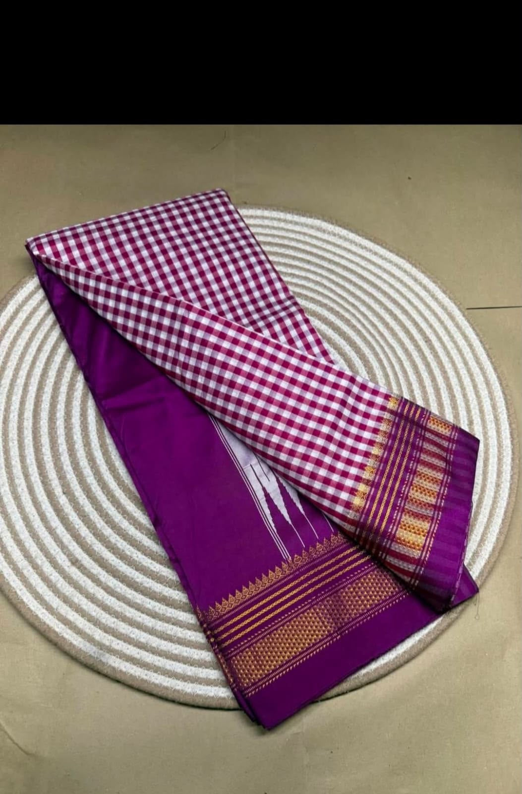 Purple ilkal checked pure cotton saree