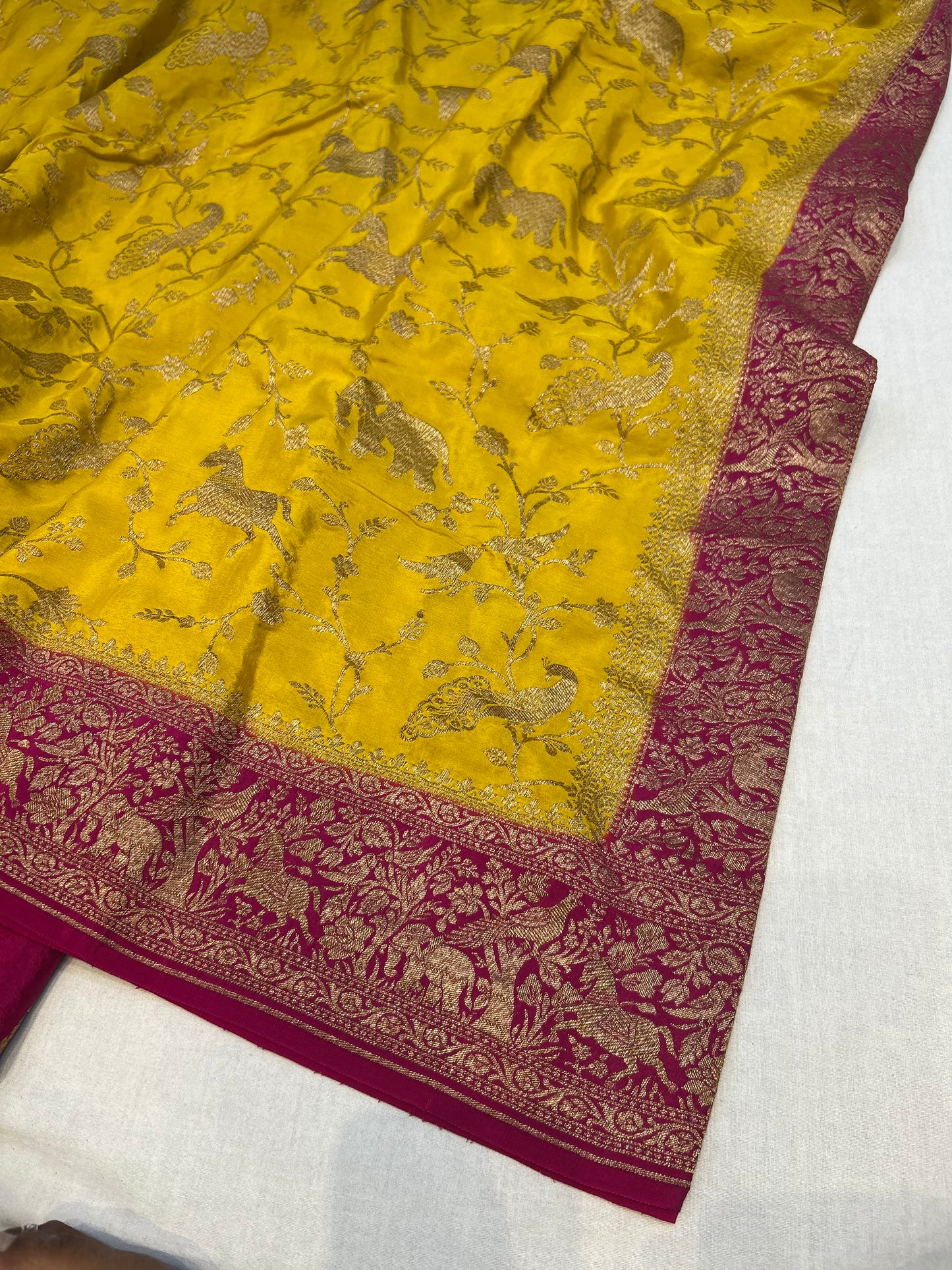 Yellow with pink pure crepe Banarasi saree