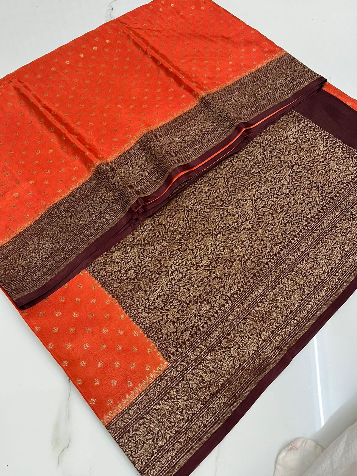 Rust orange with Brown Pure Crepe chiffon banarasi saree