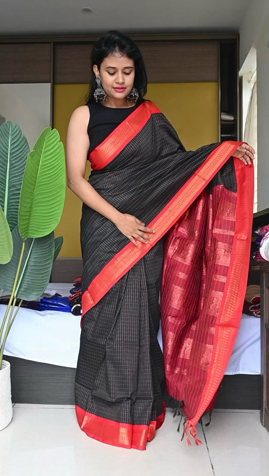Black and red checked cotton silk saree
