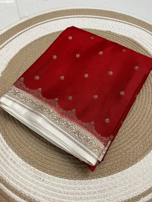 Red with white Pure Crepe banarasi saree