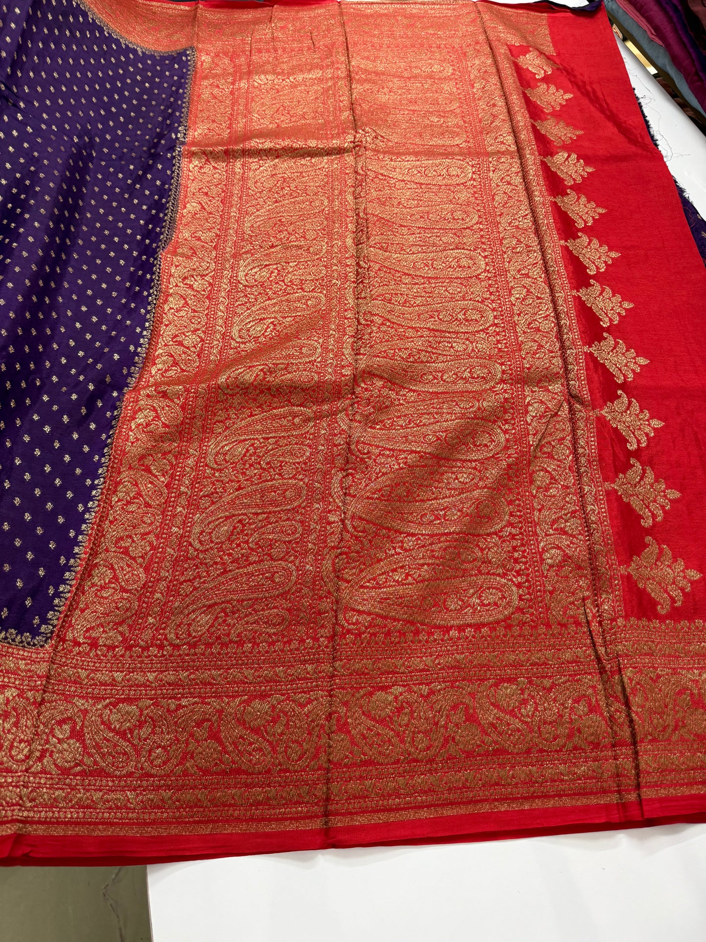 Purple with Red Pure Crepe chiffon banarasi saree