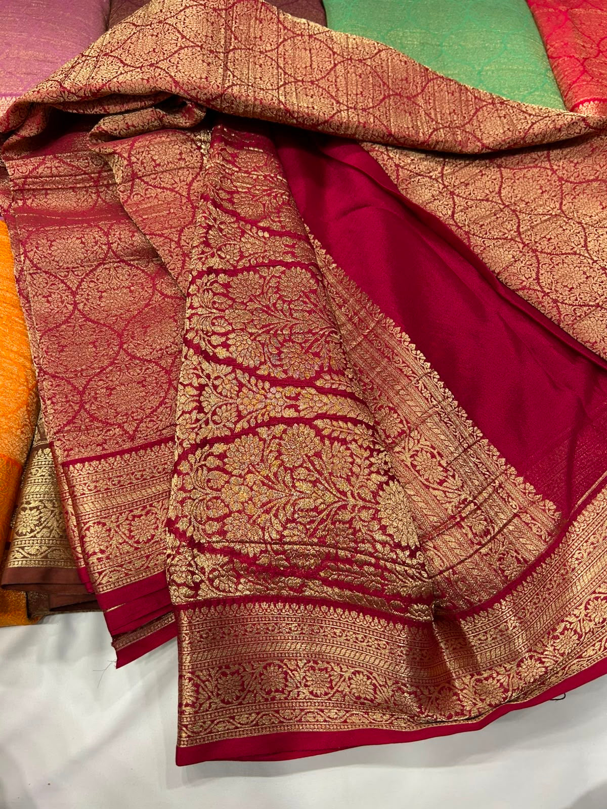 Pink premium wrinkle Chinnon brocade saree
