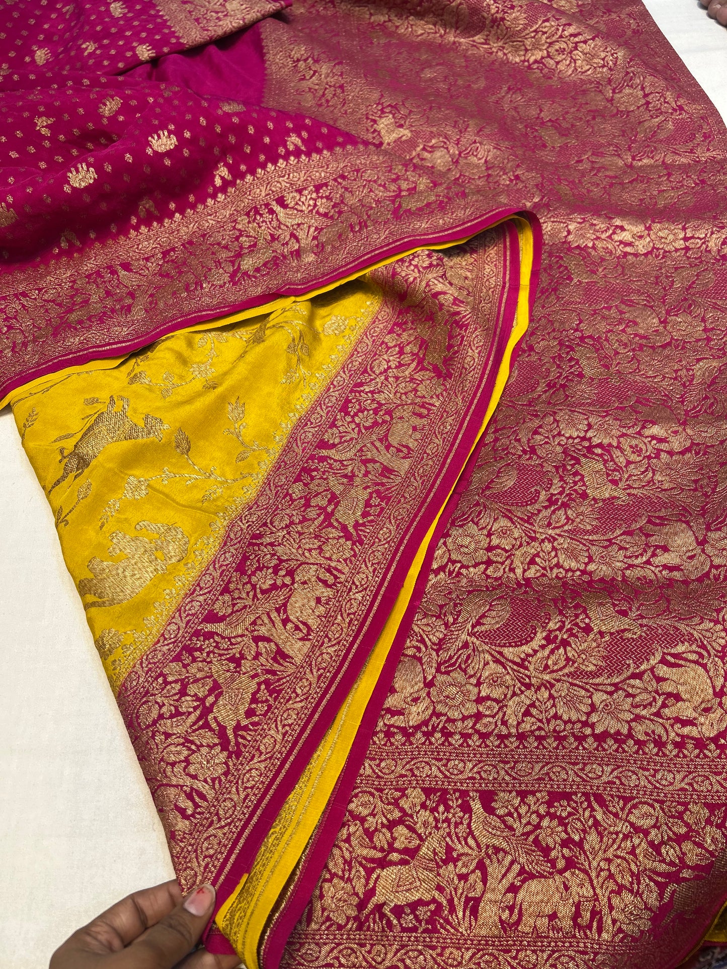 Yellow with pink pure crepe Banarasi saree