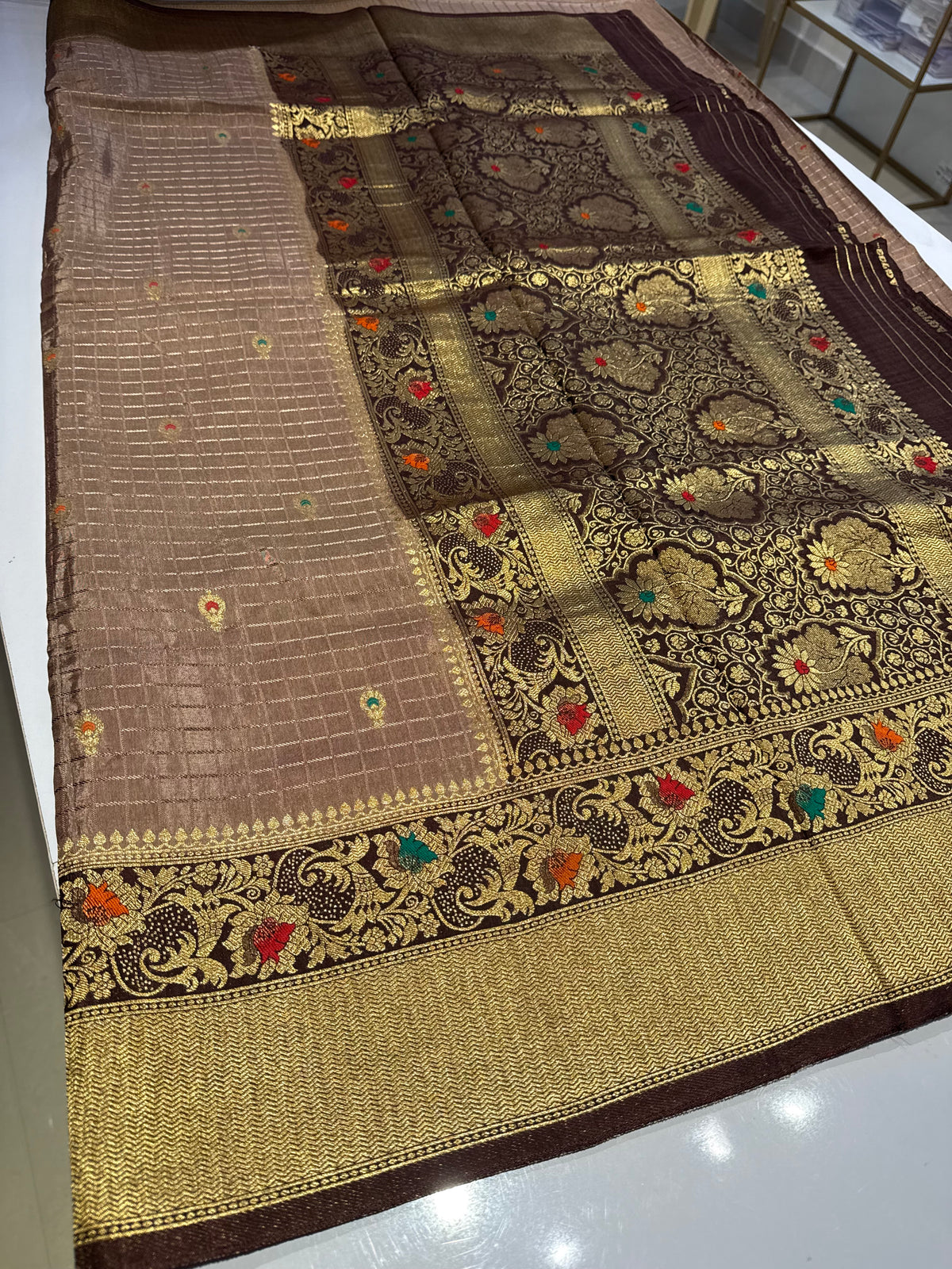 Brown meenakari work dola silk saree(meena01)