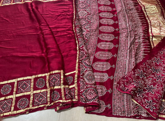 Bandhej ajrakh modal silk saree with lagadi pallu