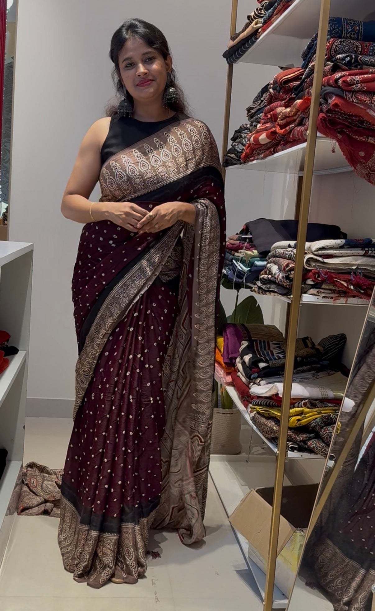 Wine with grey Bandhej Ajrakh Modal Silk Saree