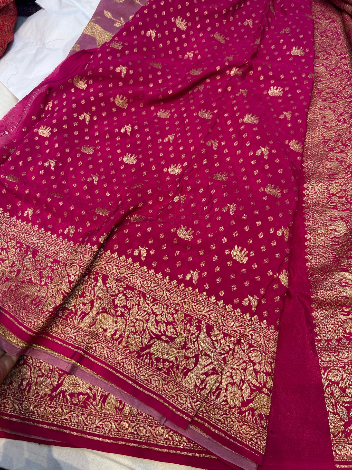 Mauve pink with hot pink pure crepe Banarasi saree
