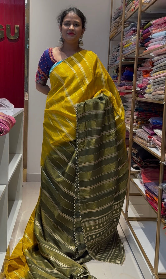 Yellow With Green Russian Viscose Saree
