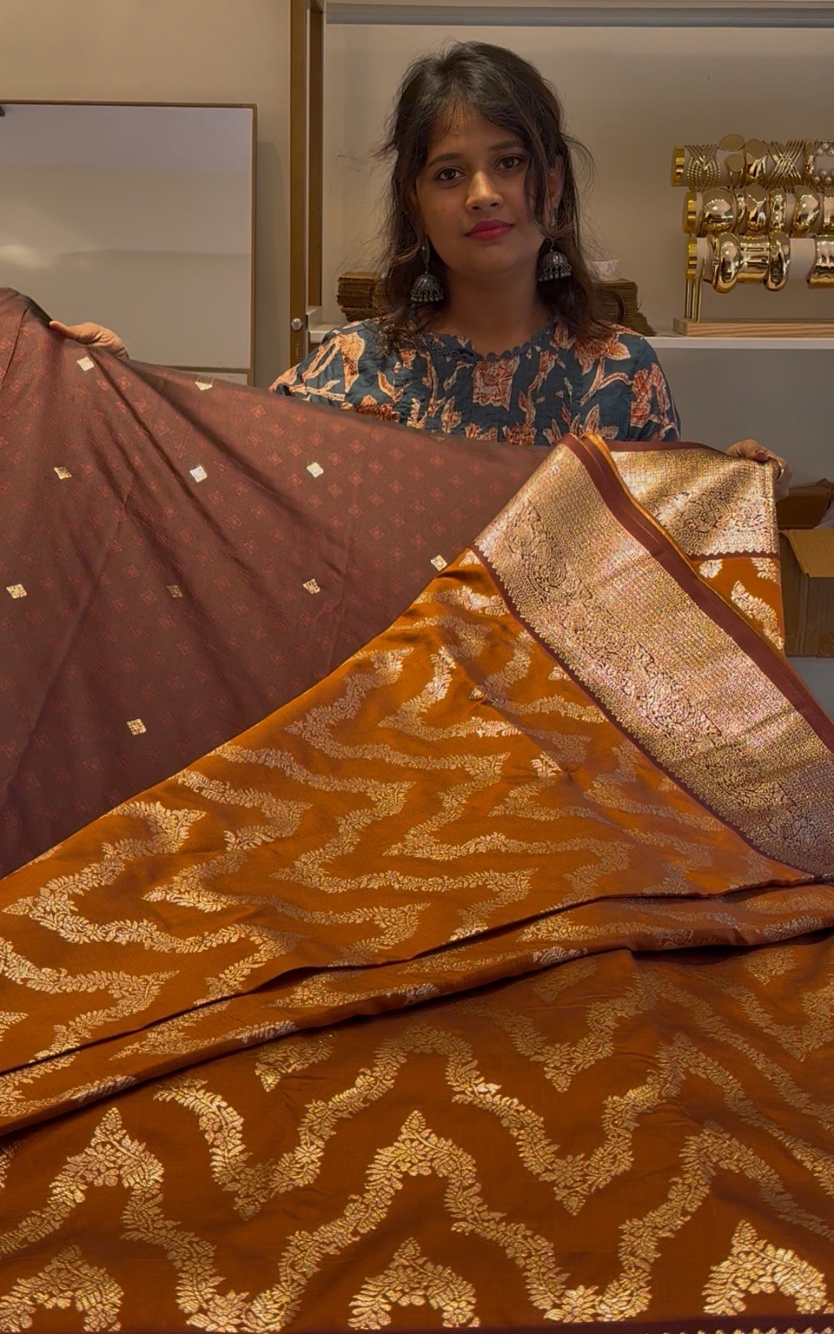 Rust orange semi Kanchi saree