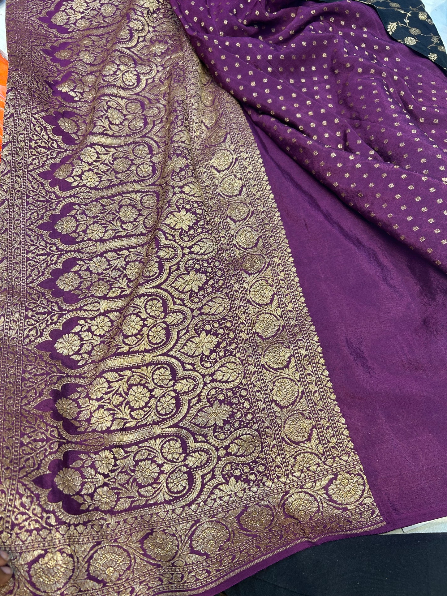 Black with purple pure crepe Banarasi saree