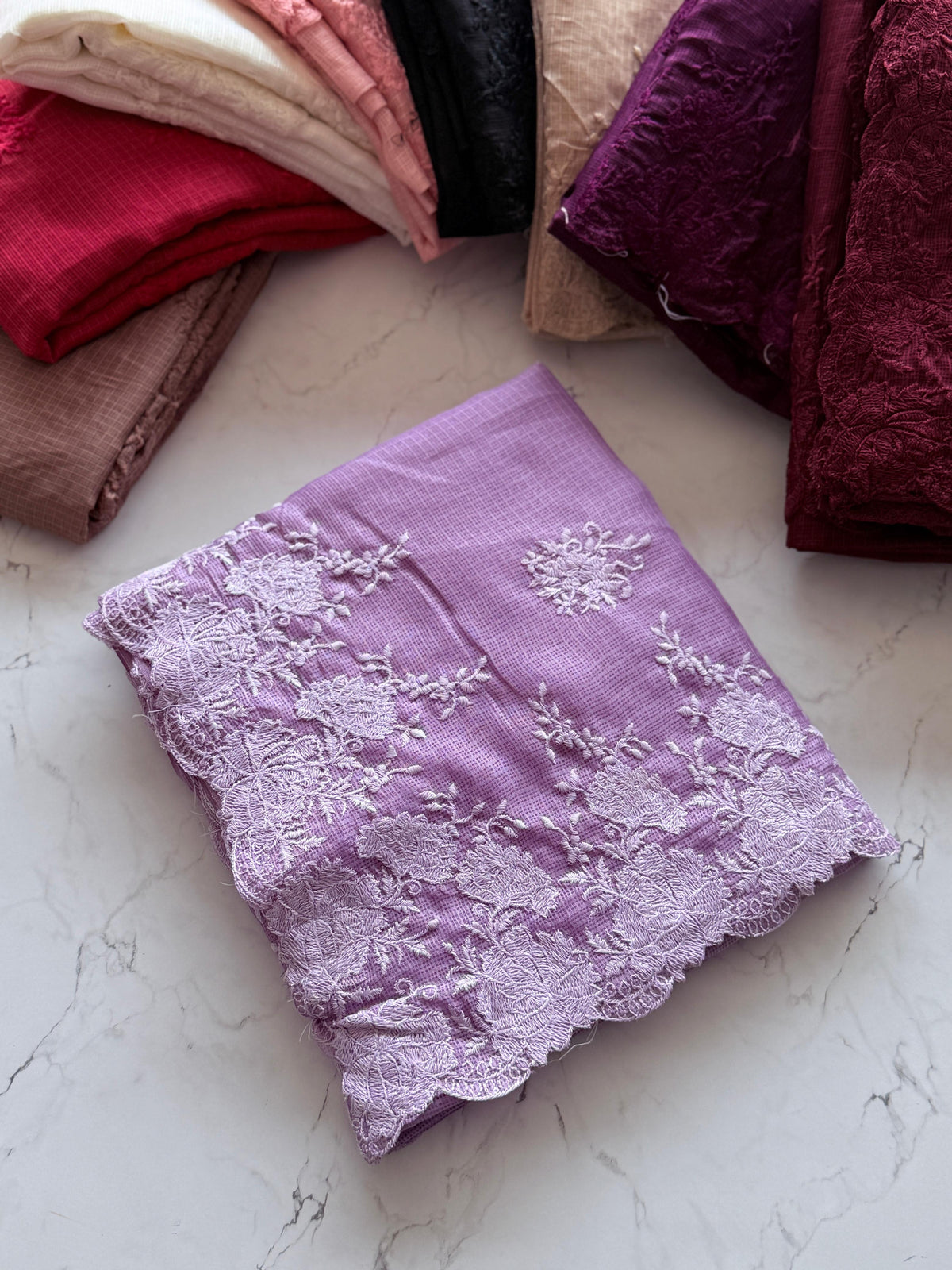 Lavender White embroidery Kota silk saree