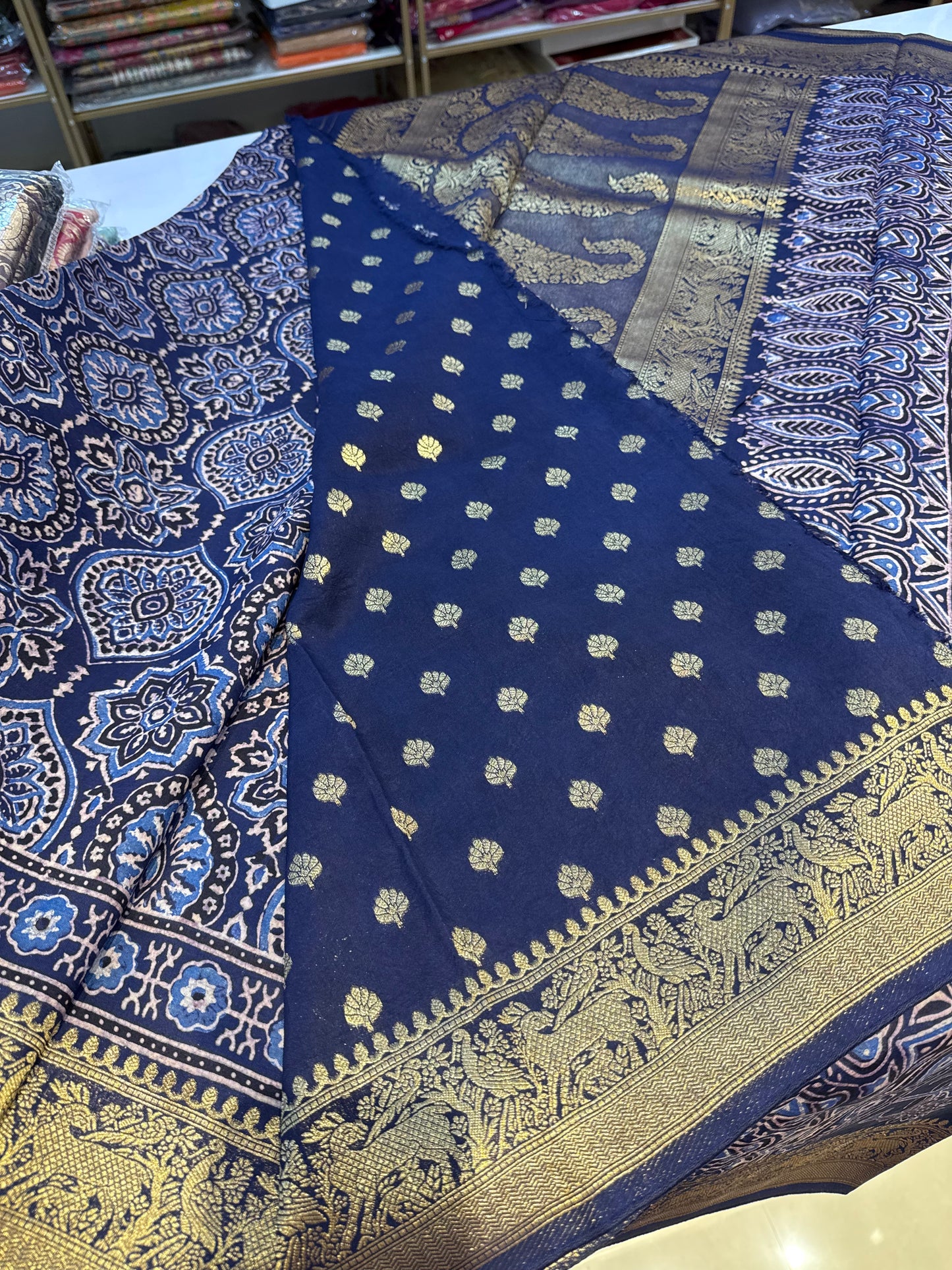 Blue dola Silk Saree with ajrakh hand block print
