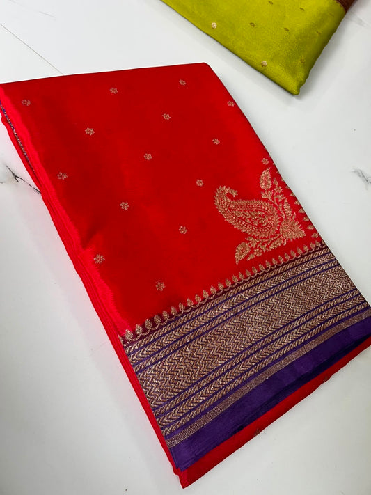Red with purple Pure Crepe chiffon banarasi saree with konia design