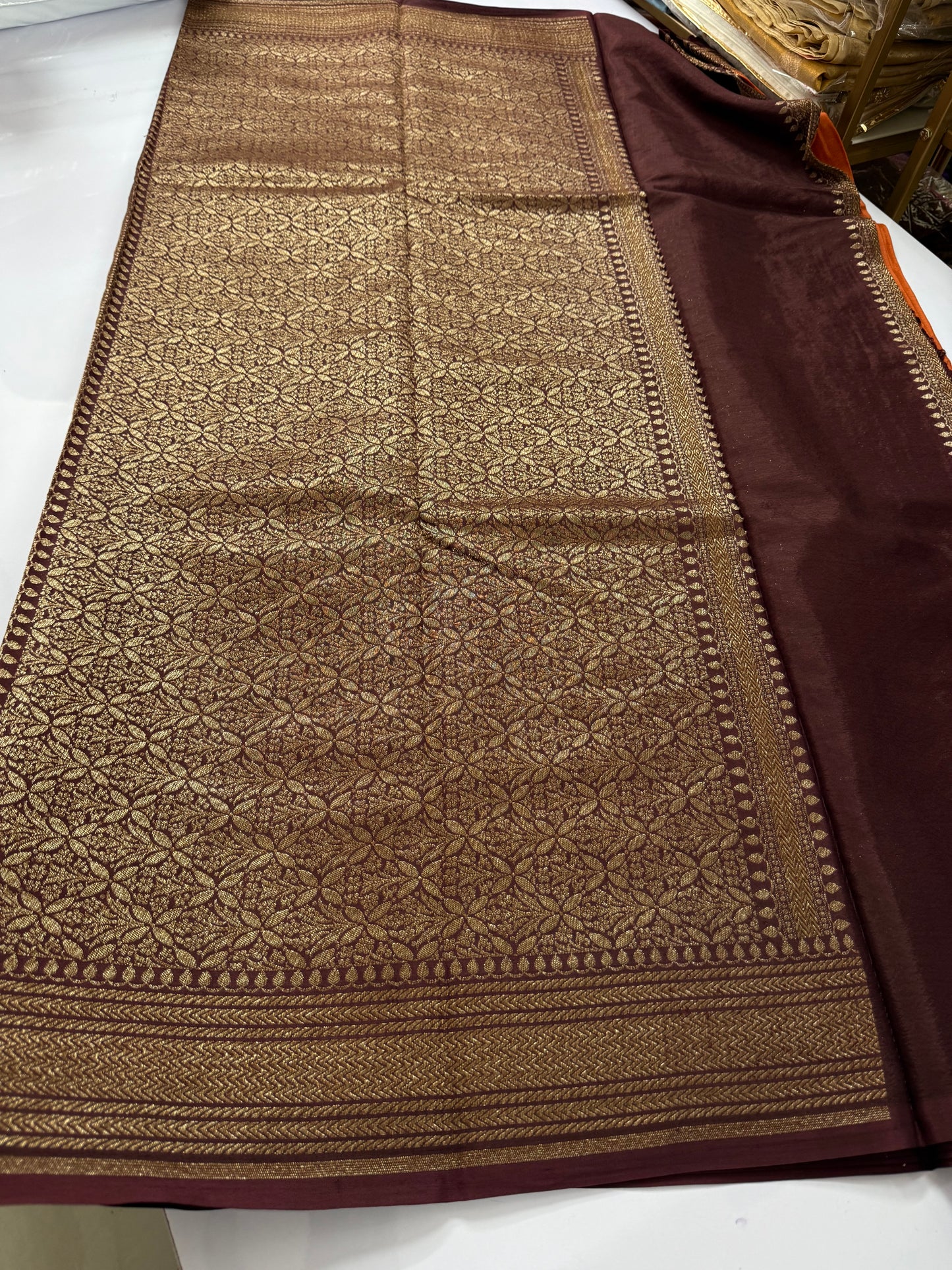 Rust orange with brown Pure Crepe chiffon banarasi saree with konia design