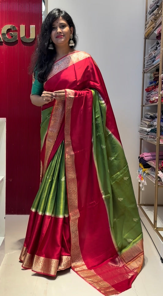 Pink red with parrot green Premium viscose Saree