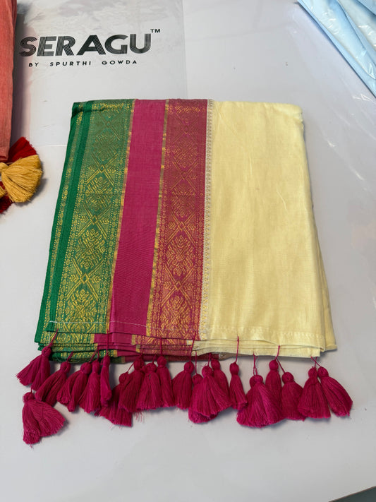 120 count pure mul Cotton With Long Tassels Saree white