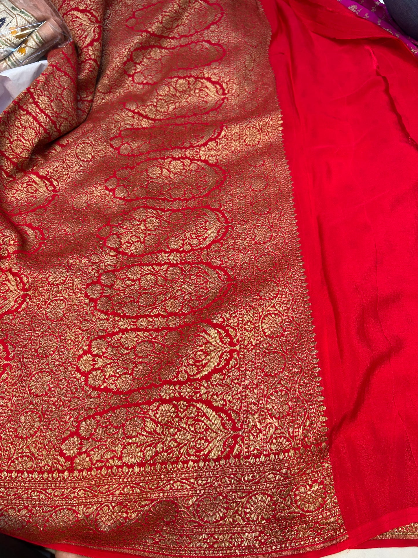 Pink with red pure crepe Banarasi saree