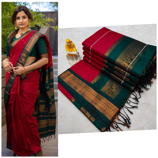 Red with bottle green Madurai cotton silk saree