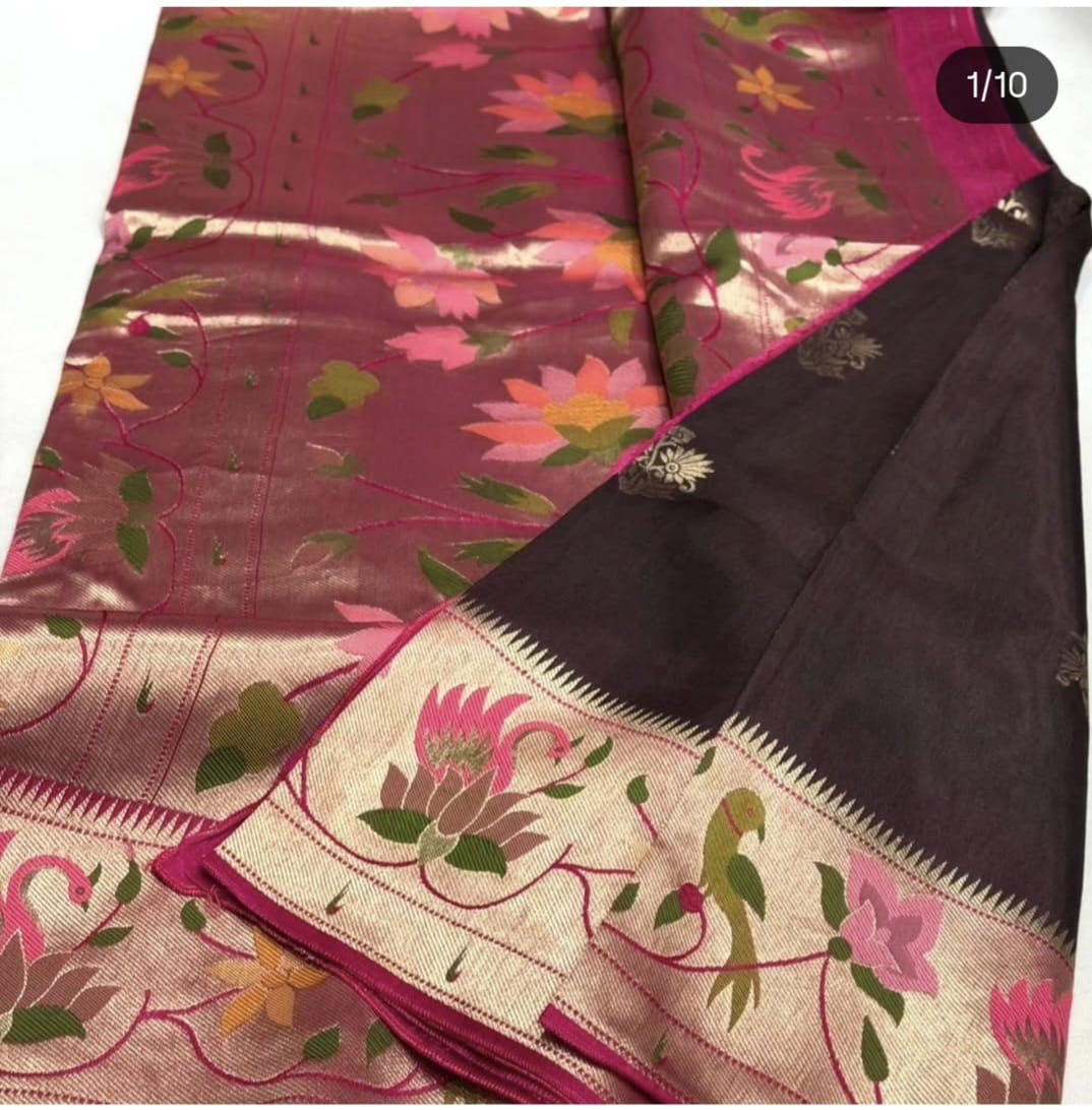 Brown with pink Paithani contrast Viscose Crepe silk saree