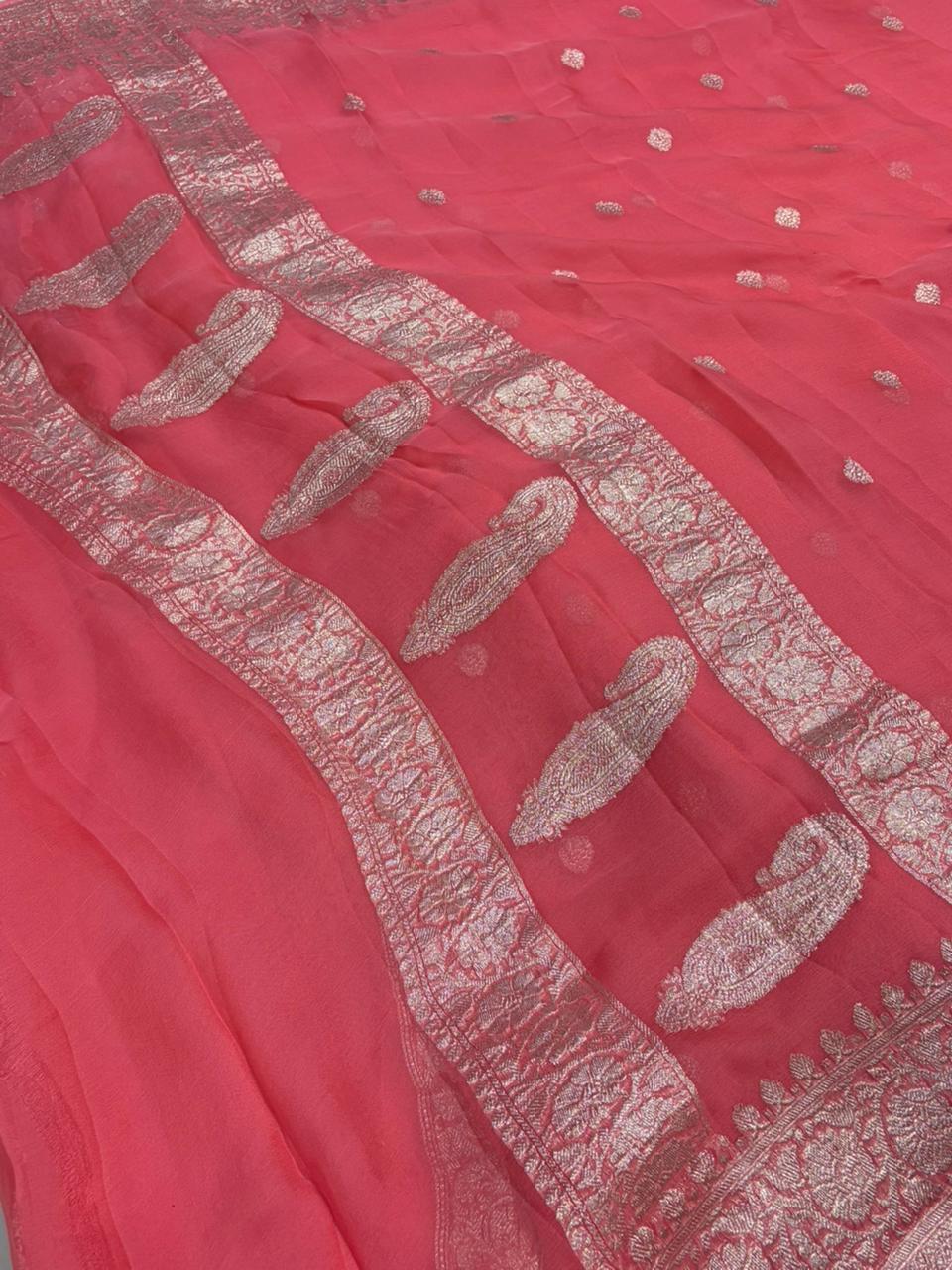 Peach pink pure chiffon Banarasi sarees