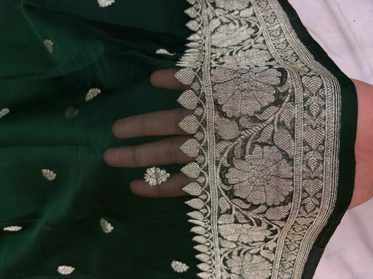 Bottle green Pure chiffon Banarasi sarees
