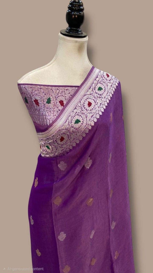 Lavender Banarasi pure tissue chiffon saree sliver zari saree