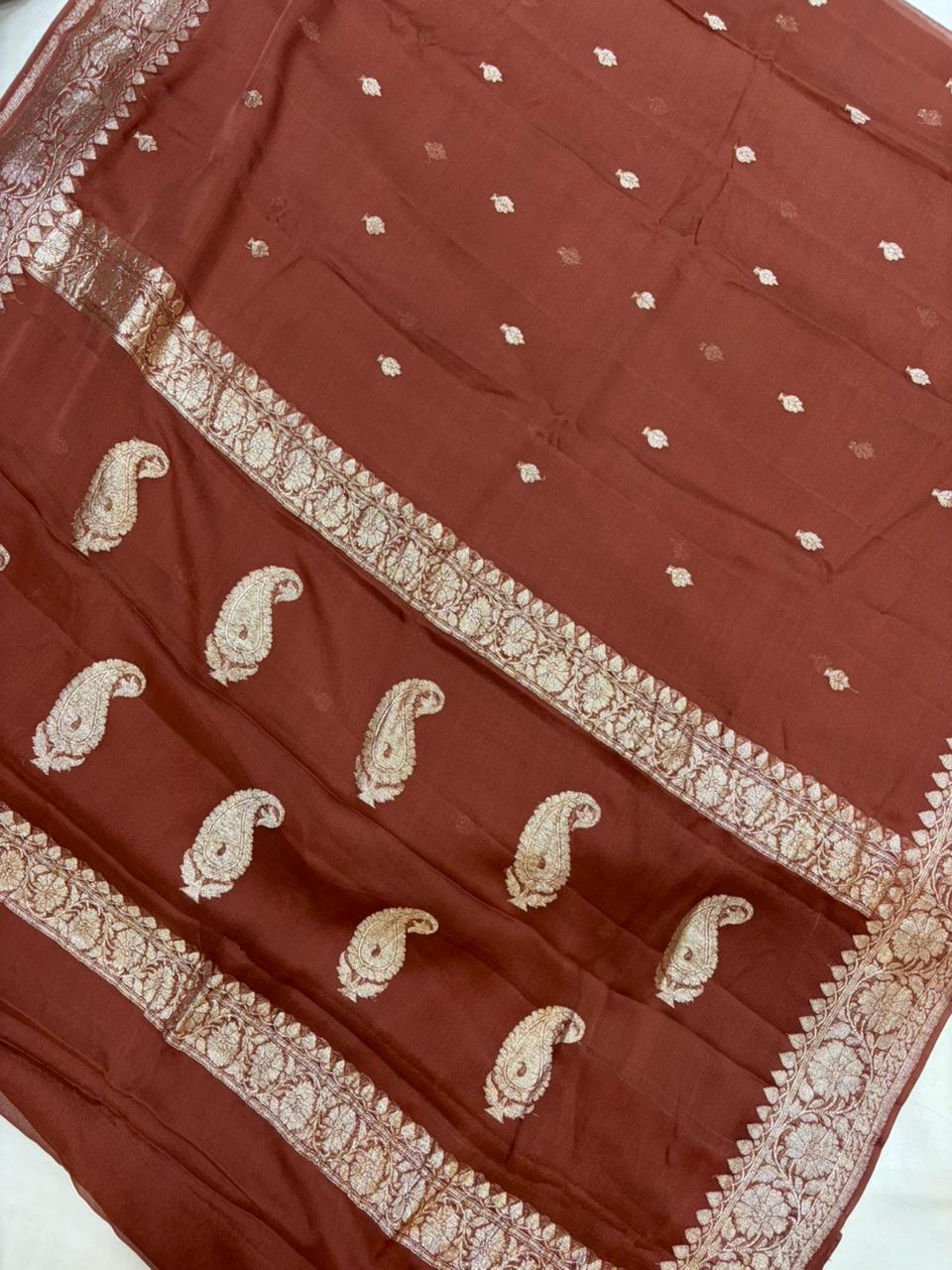 Chocolate Brown Pure chiffon Banarasi sarees