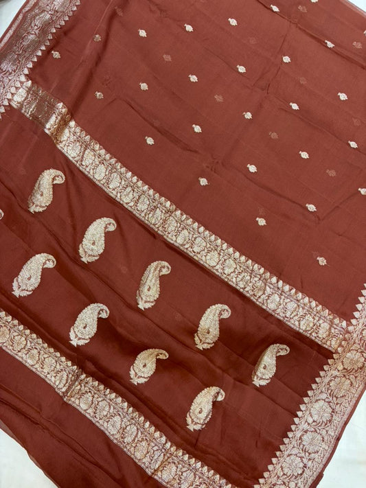 Chocolate Brown Pure chiffon Banarasi sarees