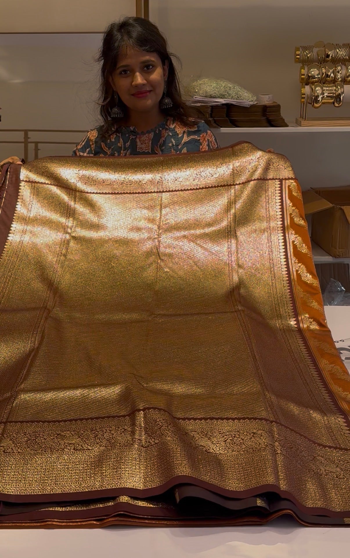 Rust orange semi Kanchi saree