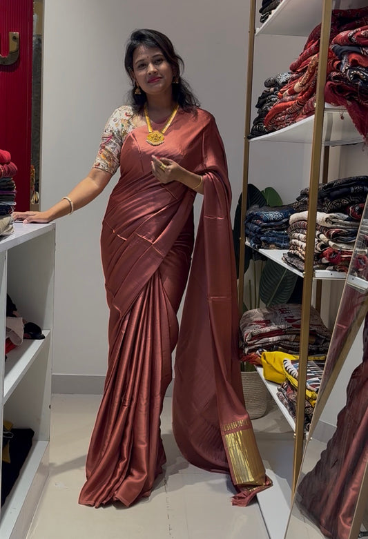 Peach pure plain modal silk saree with lagadi pallu