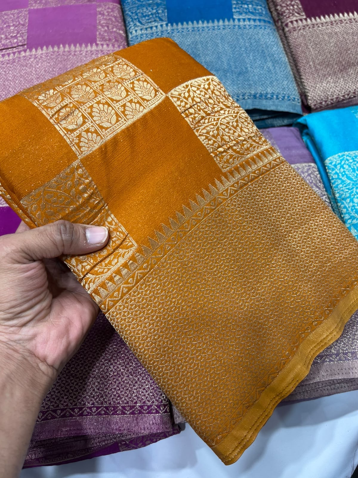 Mustard yellow georgette crushed zari saree
