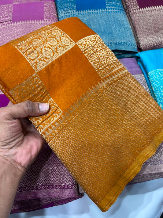 Mustard yellow georgette crushed zari saree