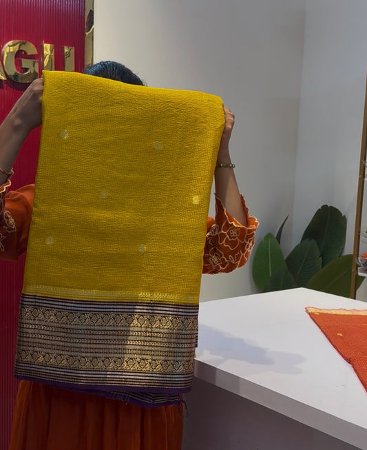 Yellow with purple Vintage Dola silk saree