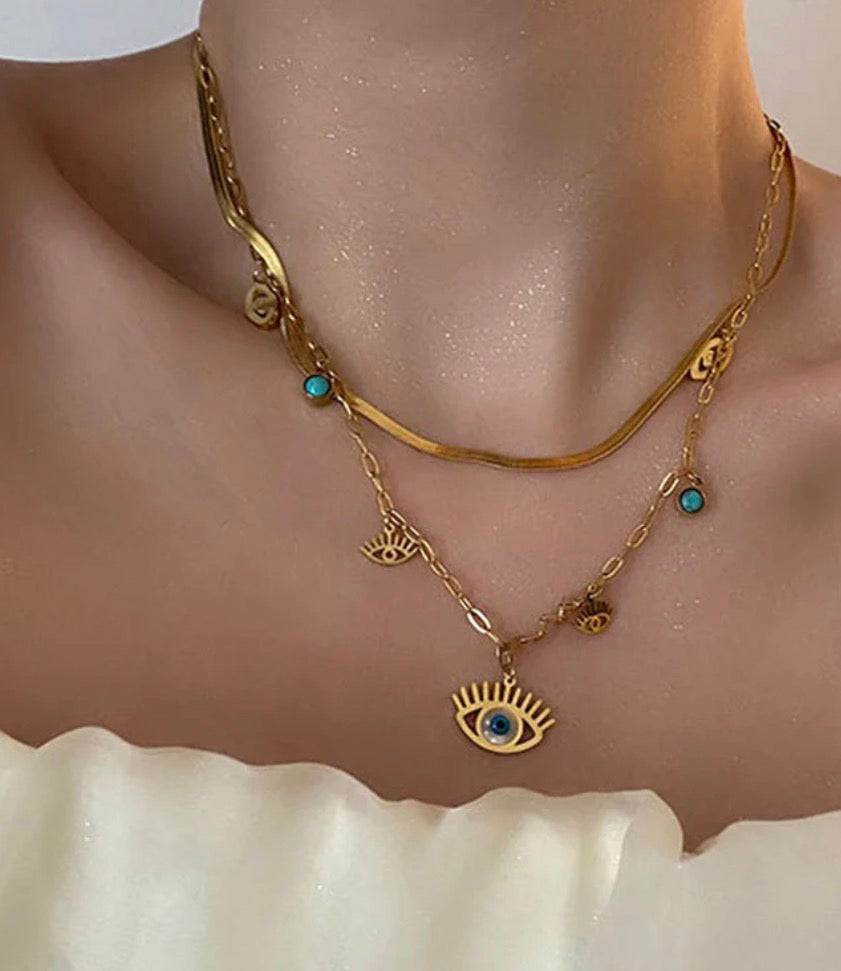 Anti Tarnish Evil Eye themed Dual Strand Necklace