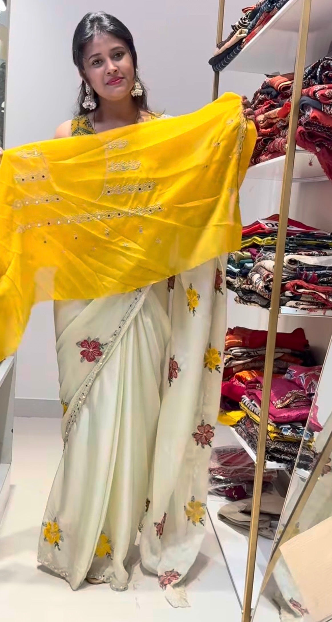 Yellow floral embroidery mirror work saree