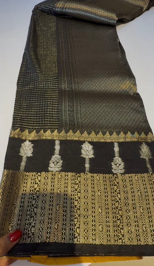 Black with yellow viscose georgette saree