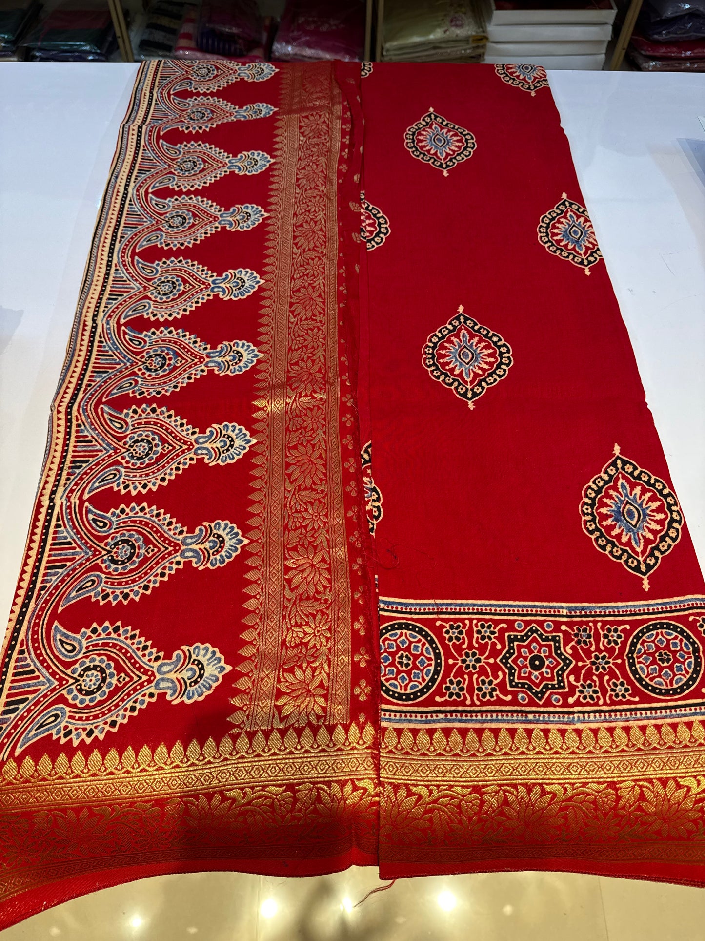 Dola Silk Saree with ajrakh hand block print