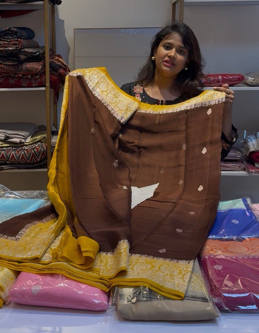 Brown with yellow Pure chiffon Banarasi sarees