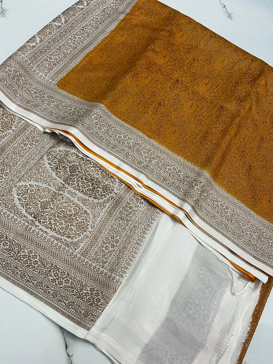 Mustard yellow PURE BROCADE Khaddi Crepe Chiffon Handloom Banarasi Saree