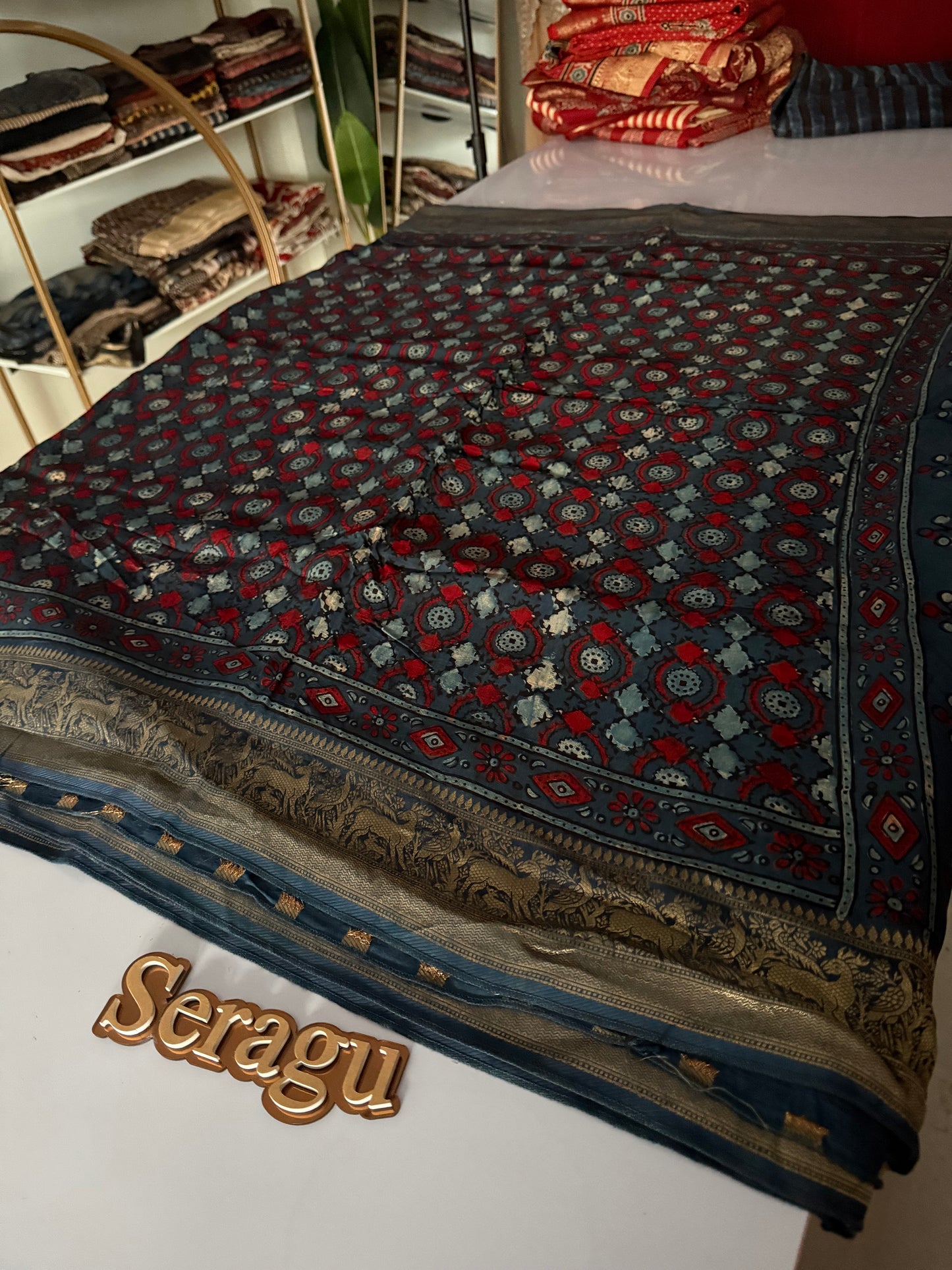 Ajrakh Dola Silk Saree