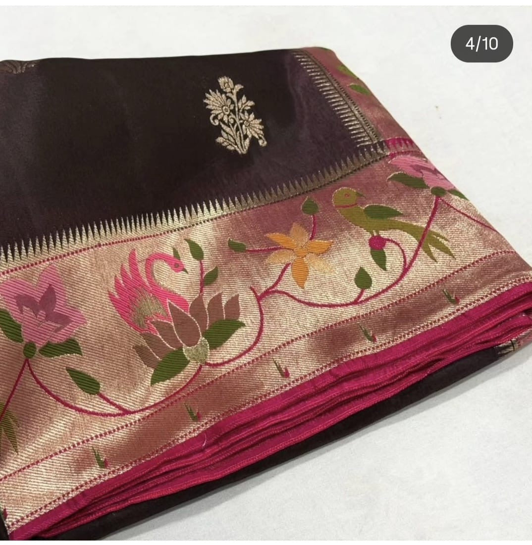 Brown with pink Paithani contrast Viscose Crepe silk saree