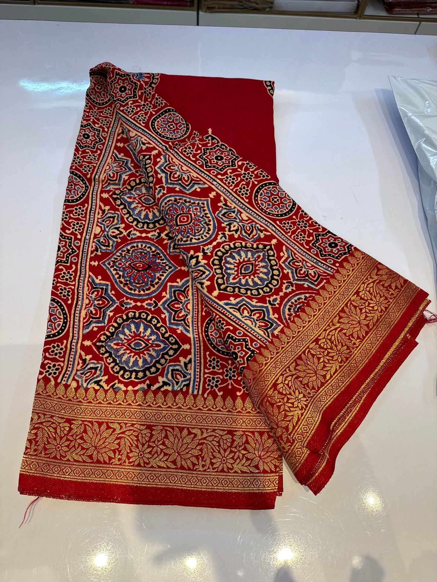 Dola Silk Saree with ajrakh hand block print